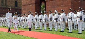 The Chief of Naval Staff, Admiral Sunil Lanba inspecting the Guard of Honour, in New Delhi on May 31, 2016.