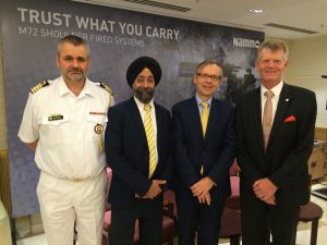 From left: Defense Attachee Hogne Rykkje, Managing Director Nammo India, Karanjit S. Chopra, Norwegian Ambassador to India Nils Ragnar Kamsvåg, Kjell Kringsjå Senior Vice President Business Development, Nammo Group.  