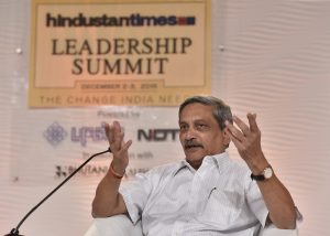 New Delhi, India - Dec. 2, 2016: Manohar Parrikar, Union minister of Defence in conversation with Nitin Gokhale, National Security Analyst during Hindustan Times Leadership Summit at Taj Palace, in New Delhi, India, on Friday, December 2, 2016. (Photo by Sanjeev Verma/ Hindustan Times)