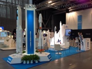 Ariane Group products on display at a show Ariane Group is in the process of producing Ariane 6 which is also in a model in the picture. All other products are visible in this picture of the group display.