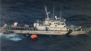Indian Coast Guard Ship Rajkamal in Andaman Sea . It was in an operation to rescue survivors of MV ITT Panther which sunk in the Andaman Sea. Indian Coast Guard Ship Rajkamal with survivors is heading to Port Blair. 