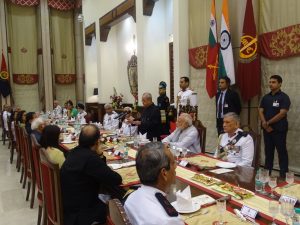 President Pranab Mukherjee addressing the armed forces at the farewell banquet hosted in his honour at Manekshaw Centre. The three Chiefs along with the Prime Minister of India Narendra Modia are present at the occasion. 