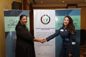  Radha Bhatia, President WAI(India Chapter) shaking hands with Afghani-American woman pilot Shaista Waiz in Mumbai. She welcomed Shaesta Waiz to promote STEM curriculum in India & to encourage the next generation to take aviation as a preferred career. 