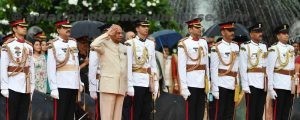 President Ram Nath Koving taking the salute at the Army guard change at Rashtrapati Bhawan. in Delhi