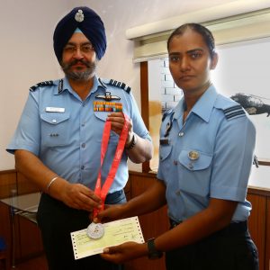 Flt Lt Shikha Pandey receiving Commendation from the COAS Air Chief Marshal BS Dhanoa for being in the winning Indian Women's cricket team in ICC-World Cup