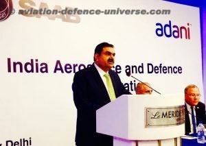 Gautam Adani, Chairman of Adani Group addressing the press conference at the joint announcement of Saab & Adani Group on manufacturing of Gripen under Make in India in India for India in New Delhi at Le Meridian Hotel 