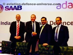 The Collaborative handshake between Hakan Bushke and Gautam Adani after announcement the joint Make in India programme to make Gripen in India and for India, Jan Widerstrom Head India SAAB   and Ashish Rajvanshi , Head Aerospace & Defence Adani Group part of the team which announced the collaboration to the press at Le Meridian Hotel in New Delhi