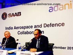 Ashish Rajvanshi , Head Aerospace & Defence Adani Group talking to the press announcing the collaboration between Saab and Adani Group to the media at Le Meridian Hotel Hotel in New Delhi