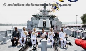 The Union Minister for Defence,Nirmala Sitharaman sitting on the deck of the INS Kiltan at the commissioning ceremony of INS Kiltan into the Indian Navy, at Naval Dockyard, Visakhapatnam on October 16, 2017. The Chief of Naval Staff, Admiral Sunil Lanba and other dignitaries are also seen.