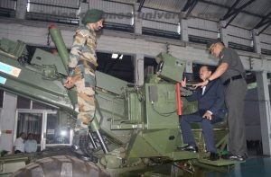 The Minister of State for Defence, Dr. Subhash Ramrao Bhamre inspecting the 125mm FSAPDS anti-tank ammunition mango project, during his visit to Ordnance Factory Khamaria, in Madhya Pradesh on October 14, 20