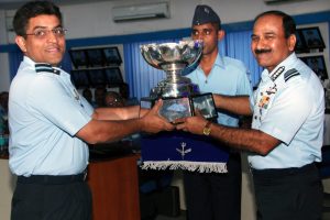Air Chief Marshal Arup Raha, Chief of the Air Staff presenting Command Sports Trophy to Air Commodore N Kapoor, Air Officer Commanding, Air Force Station Hindon, at HQ Western Air Command, Subroto Park, New Delhi during WAC Commanders Conference on 02 & 03 May 16.