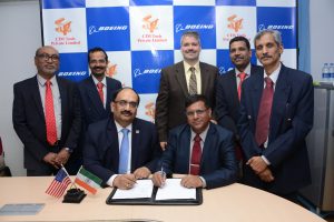 Ashwani Bhargava, director of Supplier Management, Boeing India and Srikanth G S, director of Business Development & Finance, CIM Tools, signing  contract for manufacture of complex titanium machined parts and aluminum assemblies for the 787 Dreamliner and 737 airplanes in Bangalore.
