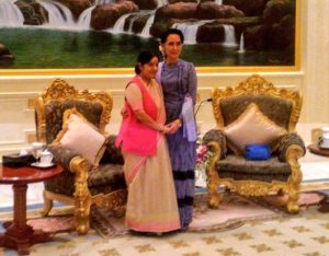 Sushma Swaraj meeting State Counsellor and Foreign Minister Aung San Suu Kyi. 