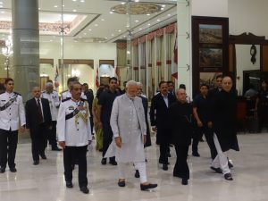 President Pranab Mukherjee walking to attend his farewell given by the Indian Armed Forces. Prime Minister Narendra Modi is also walking along with him. The farewell was held at Manekshaw Centre in New Delhi.