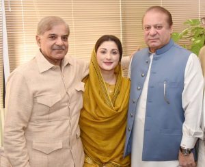 Ousted Prime Minister of Pakistan Nawaz Sharif  with brother Shehbaz Sharif  who is the Chief Minister of the all powerful Punjab state of Pakistan and daughter Maryam Nawaz his political heir