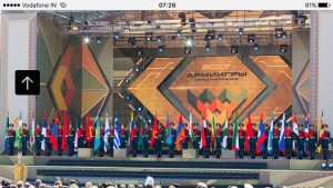 Flags of all participating countries at the inauguration ceremony of the International Army Games in Russia. 