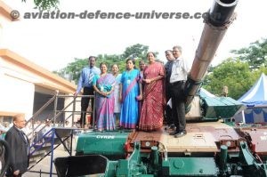 Defence Minister of India Nirmala Sitharaman standing atop the Arjun MBT with CVRDE scientists at CVRDE in Chennai with DRDO Chief Christopher and BEML Chief.
