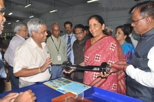 Defence Minister Nirmala Sitharaman seeing equipment at CVRDE with CVRDE officilas in Chennai