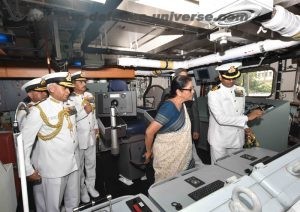 The Union Minister for Defence,  Nirmala Sitharaman walking around the ship, at the commissioning ceremony of INS Kiltan into the Indian Navy, at Naval Dockyard, Visakhapatnam on October 16, 2017. The Chief of Naval Staff, Admiral Sunil Lanba is also seen.