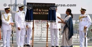 The Union Minister for Defence, Nirmala Sitharaman unveiling the Ships Plaque, at the commissioning ceremony of INS Kiltan into the Indian Navy, at Naval Dockyard, Visakhapatnam on October 16, 2017. The Chief of Naval Staff, Admiral Sunil Lanba and other dignitaries are also seen.