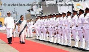 The Union Minister for Defence,Nirmala Sitharaman inspecting the Guard of Honour, at the commissioning ceremony of INS Kiltan into the Indian Navy, at Naval Dockyard, Visakhapatnam on October 16, 2017.