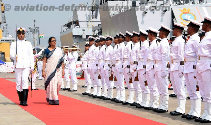 The Union Minister for Defence,Nirmala Sitharaman inspecting the Guard of Honour, at the commissioning ceremony of INS Kiltan into the Indian Navy, at Naval Dockyard, Visakhapatnam on October 16, 2017.