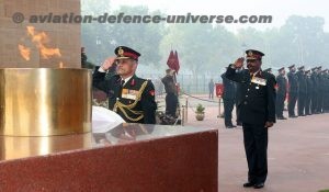 The Adjutant General and Colonel Commandant of JAG Department, Lt. Gen. Ashwani Kumar paying tributes at the Amar Jawan Jyoti, India Gate, on the 34th Corps Day of JAG Deptt., in New Delhi on December 21, 2017.