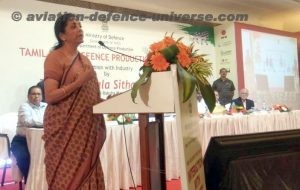 The Union Minister for Defence, Nirmala Sitharaman addressing the meeting of the local defence and allied industrialists