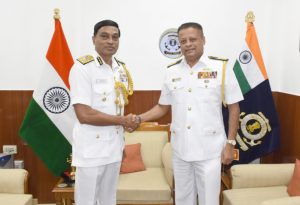 The Indian Coast Guard, DG, K. Natarajan with the Sri Lankan Coast Guard, DG, Rear Admiral Samantha Wimalathunge
