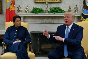 US President Donald Trump speaks during a meeting with Pakistani Prime Minister Imran Khan (L)