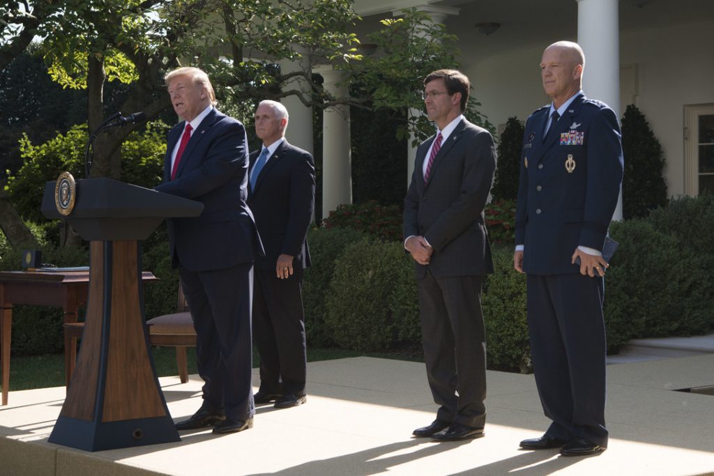 President Donald J. Trump hosts a White House ceremony on the establishment of the U.S. Space Command, with Vice President Mike Pence, Secretary of Defense Dr. Mark T. Esper, and the incoming commander of U.S. Space Command, Air Force Gen. John W. Raymond, Washington, D.C., Aug. 29, 2019.