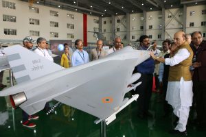 Shri Rajnath Singh visiting an exhibition displaying indigenously developed defence equipment and platforms by DRDO & HAL