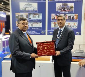 C&MD, Rear Admiral V.K. Saxena IN (Retd.) GRSE  welcoming the Secretary Defence Production at the booth