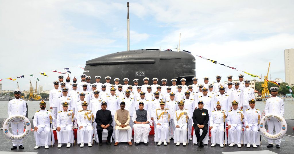 The Union Minister for Defence, Rajnath Singh in a group photograph with the senior officials of Indian Navy and Crew of INS Khanderi, at Naval Dockyard, in Mumbai on September 28, 2019.