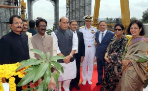 The Union Minister for Defence, Shri Rajnath Singh at the launch of warship INS Nilgiri, in Mumbai on September 28, 2019.