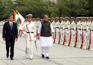 Rajnath Singh inspecting the Guard of Honour, at Ministry of Defence Headquarters of Japan,