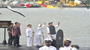 The Union Minister for Defence, Shri Rajnath Singh at the launch of warship INS Nilgiri, in Mumbai on September 28, 2019.