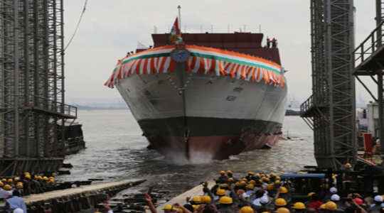 The Union Minister for Defence, Shri Rajnath Singh at the launch of warship INS Nilgiri, in Mumbai on September 28, 2019.