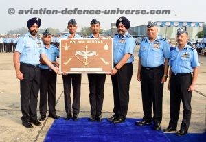 Air Chief Marshal BS Dhanoa, Chairman Chiefs of Staff Committee and Chief of the Air Staff presenting the squadron insignia to the Commanding Officer (Designate) of 17 Squadron, Group Captain Harkirat Singh to mark the resurrection of 17 Squadron during a ceremony held at Air Force Station Amabala 