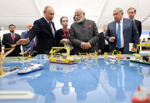 Narendra Modi and Vladimir Putin visiting the Zvezda Shipbuilding Plant