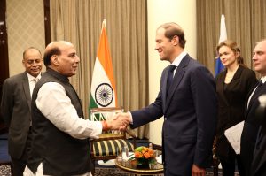 Rajnath Singh meeting the Minister of Industry and Trade of Russia, Denis Manturov in Moscow, Russia . The Defence Secretary, Dr. Ajay Kumar is also seen.