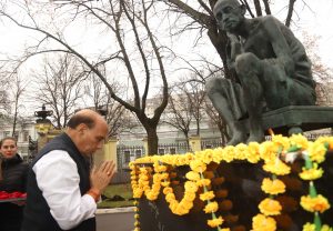  Rajnath Singh paying homage to Father of the Nation Mahatma Gandhi, at the premises of Embassy of India, in Moscow, Russia 