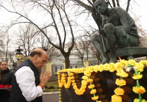 Rajnath Singh paying homage to Father of the Nation Mahatma Gandhi, at the premises of Embassy of India, in Moscow, Russia