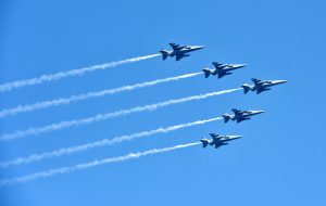 Five Jaguar fighter planes fly over Rajpath