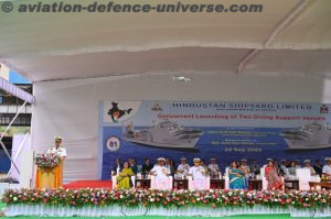 Mrs Kala Hari Kumar Launches (Yard 11190 - Nistar) & (Yard 11191 - Nipun), Diving Support Vessels at Hindustan Shipyard Ltd