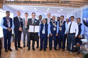 Mr. Sanjay Chawla, Director General, DGAQA (in the centre), along with Mr. Kajetan von Mentzingen, Head of Quality, Airbus Defence and Space (with the certificate), and officials from DGAQA and Airbus. The ceremony was held at DefExpo 2022 in Gandhinagar, Gujarat, on October 20, 2022.