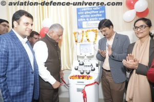 General V K Singh, Minister of State for Road Transport and Highway, cutting the ribbon to inaugurate the Apheresis machine installed by BEL-Ghaziabad at the MMG District Hospital, Ghaziabad, as part of CSR. Mr Giriraja N, General Manager (DCCS/BEL-Ghaziabad), and Ms Aparna Tiwari, Sr DGM (CSR)/BEL-Ghaziabad,
