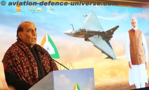 The Union Minister for Defence,  Rajnath Singh addressing at the Ambassadors Roundtable conference for Aero India 2023