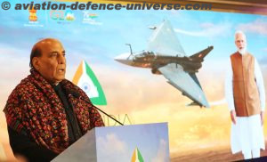 The Union Minister for Defence, Rajnath Singh addressing at the Ambassadors Roundtable conference for Aero India 2023