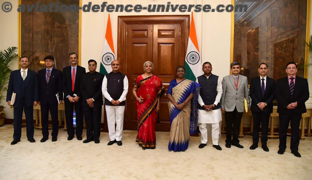 Nirmala Sitharaman along with the Ministers of State for Finance, Pankaj Chaowdhary and Dr. Bhagwat Kishanrao Karad and the senior officials present the Union Budget 